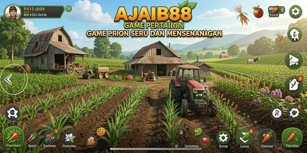 Tampilan utama gameplay <strong>AJAIB88</strong> dengan petak pertanian yang subur dan hewan ternak.