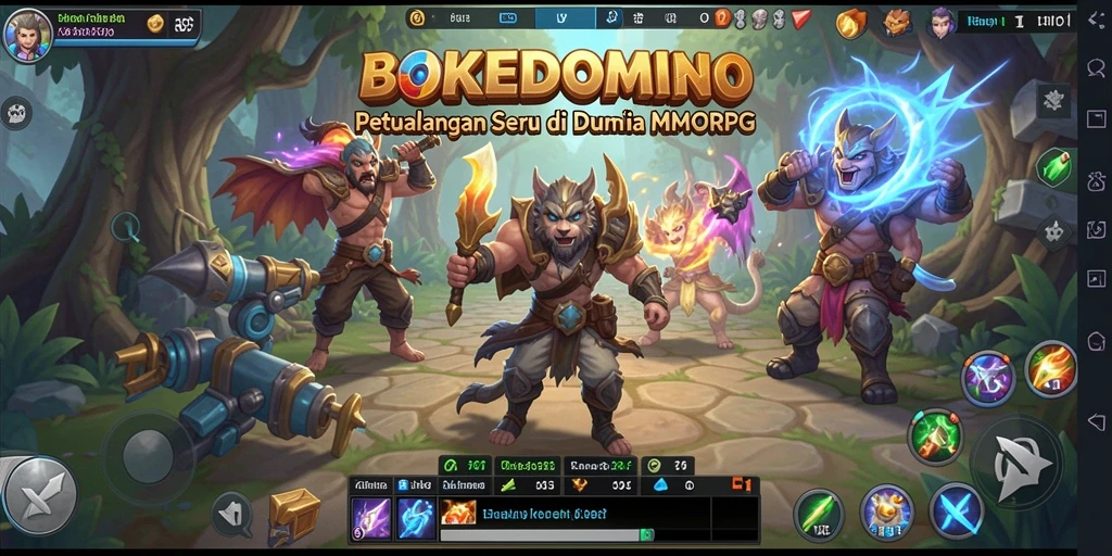 Tangkapan layar utama BOKEDOMINO menampilkan pertarungan epik antara karakter di dunia MMORPG.