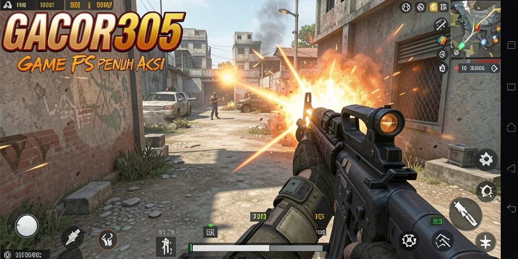 Screenshot GACOR305 menunjukkan aksi pertempuran epik dalam gameplay FPS.