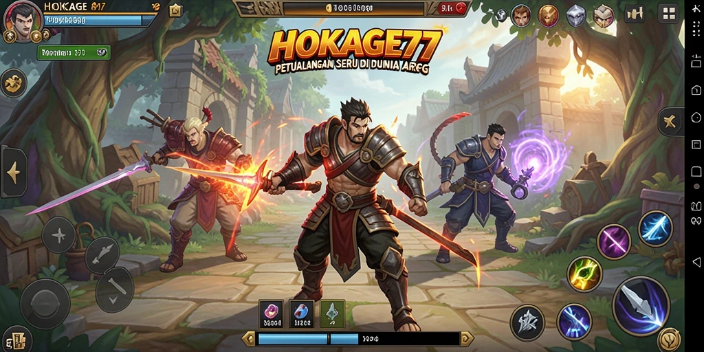 Screenshot menunjukkan aksi pertarungan seru di HOKAGE77 dengan karakter yang beragam.