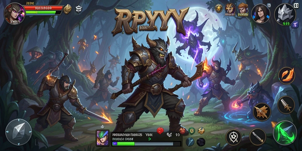 Screenshot gameplay RPYYY menampilkan pertarungan epik di dunia fantasi.