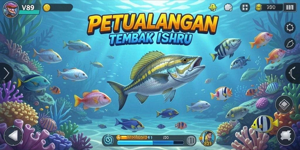 Screenshoot menampilkan aksi seru menangkap ikan di V89.